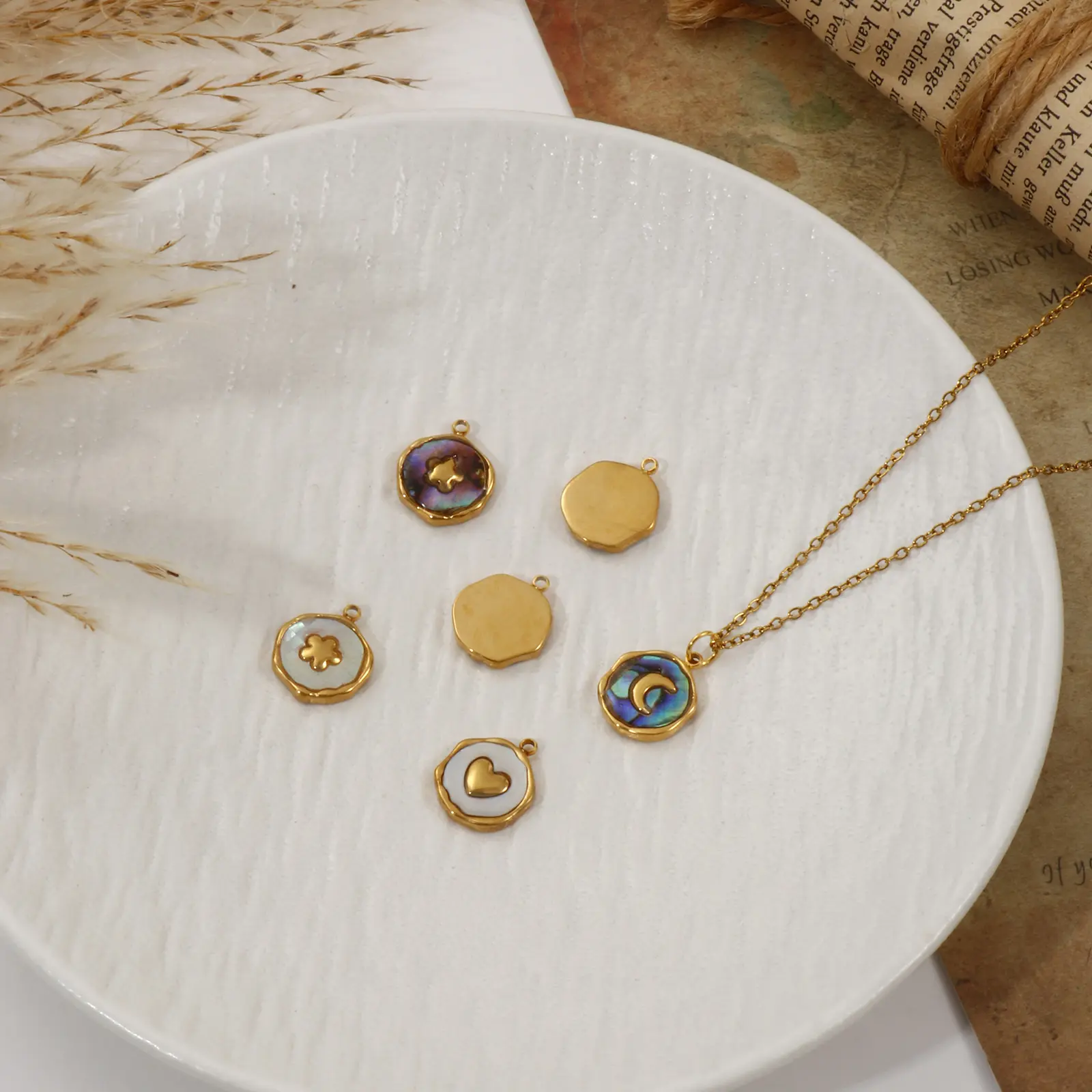 2 PCs 304 Stainless Steel & Natural Shell Charms Irregular Round Moon Heart Flower 18K Real Gold Plated Pendants DIY Necklace