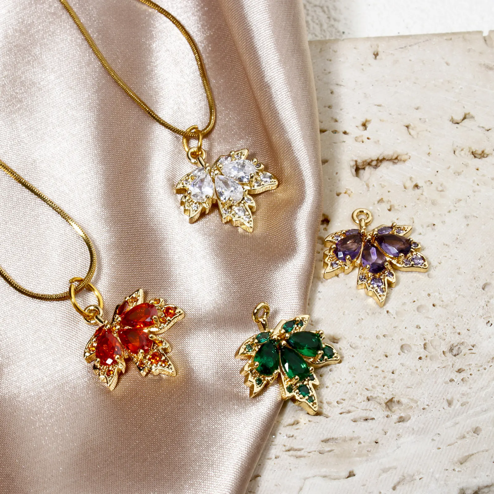 Brass & Glass Charms  Maple Leaf Micro Pave Rhinestone Gold Plated Pendants For DIY Necklace Jewlery Making 20mm x 17mm, 2 Piece