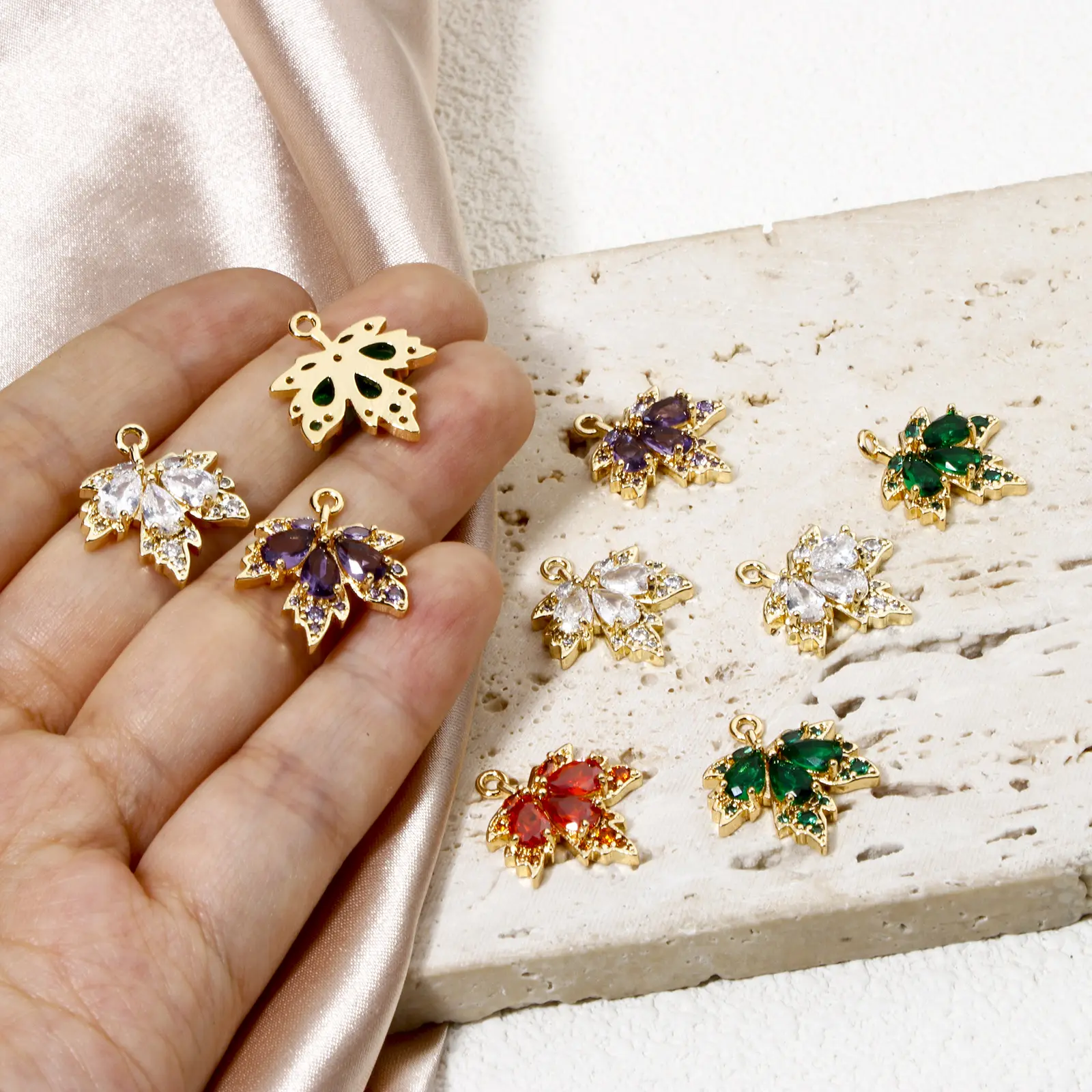 Brass & Glass Charms  Maple Leaf Micro Pave Rhinestone Gold Plated Pendants For DIY Necklace Jewlery Making 20mm x 17mm, 2 Piece