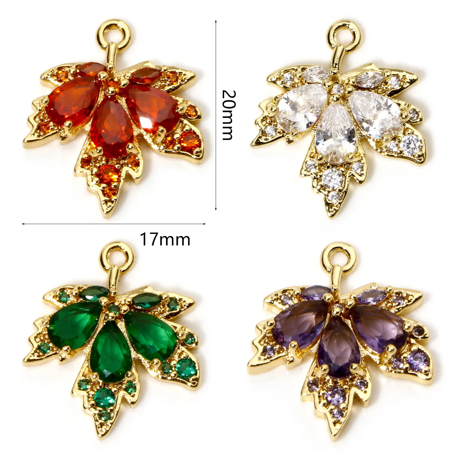 Brass & Glass Charms  Maple Leaf Micro Pave Rhinestone Gold Plated Pendants For DIY Necklace Jewlery Making 20mm x 17mm, 2 Piece