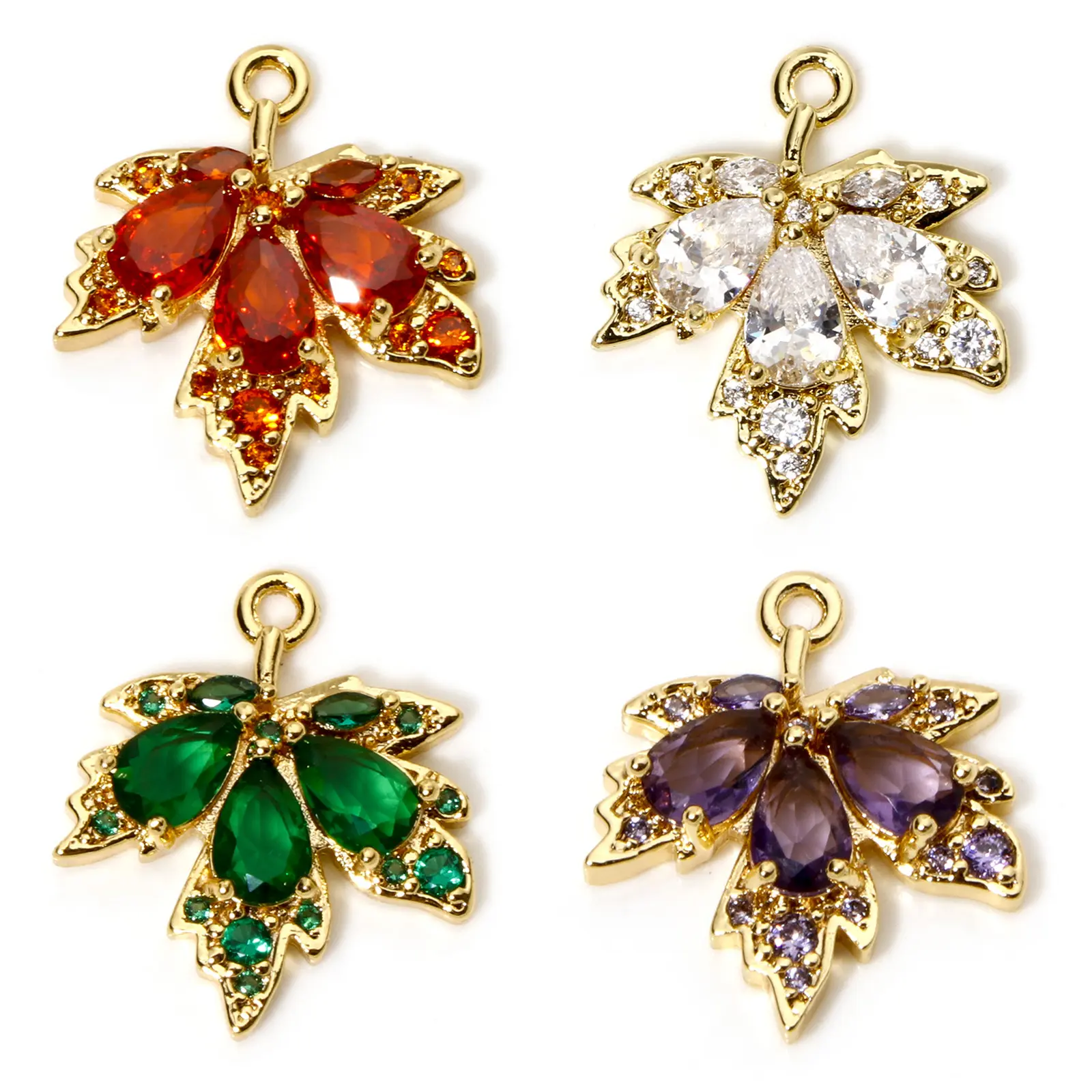 Brass & Glass Charms  Maple Leaf Micro Pave Rhinestone Gold Plated Pendants For DIY Necklace Jewlery Making 20mm x 17mm, 2 Piece