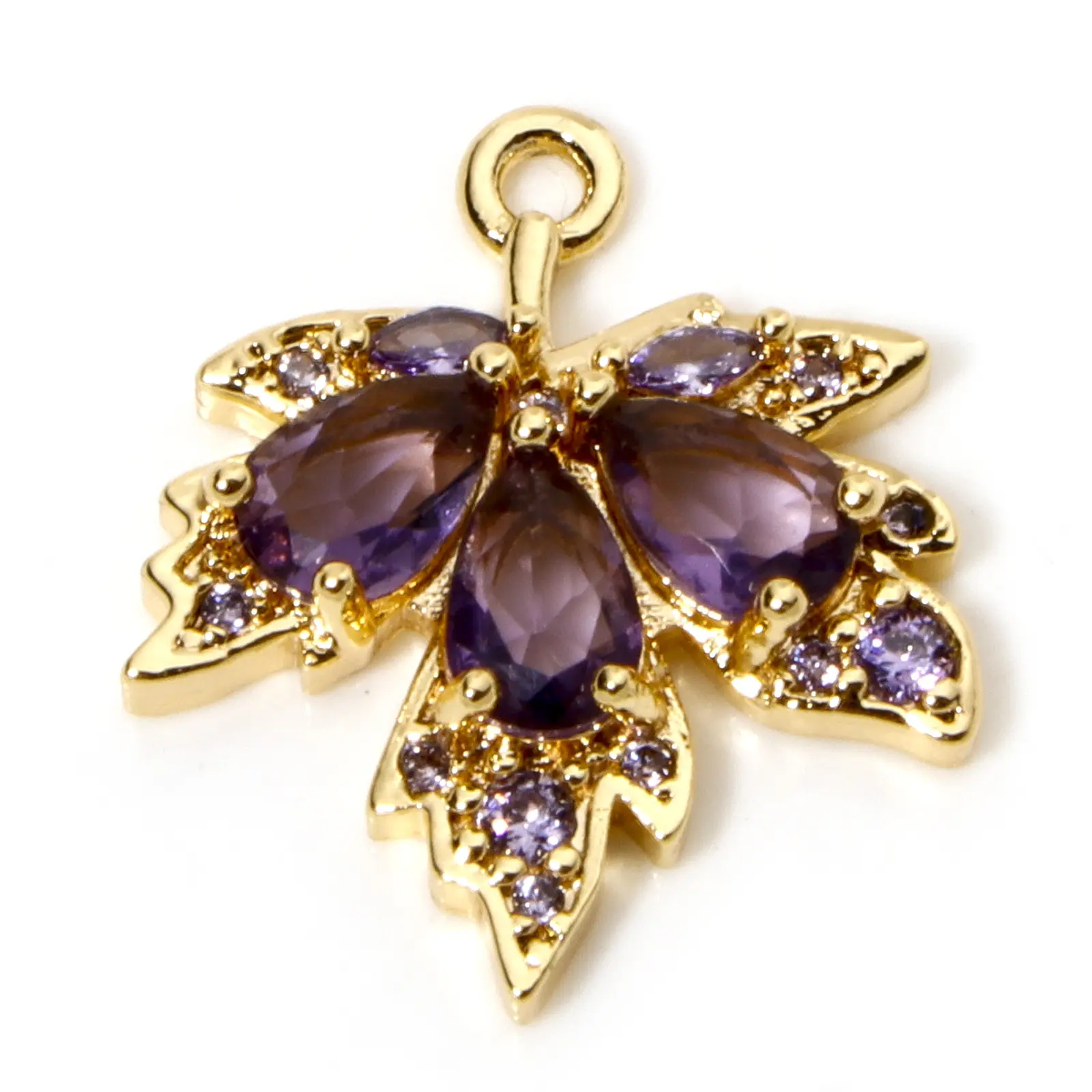 Brass & Glass Charms  Maple Leaf Micro Pave Rhinestone Gold Plated Pendants For DIY Necklace Jewlery Making 20mm x 17mm, 2 Piece