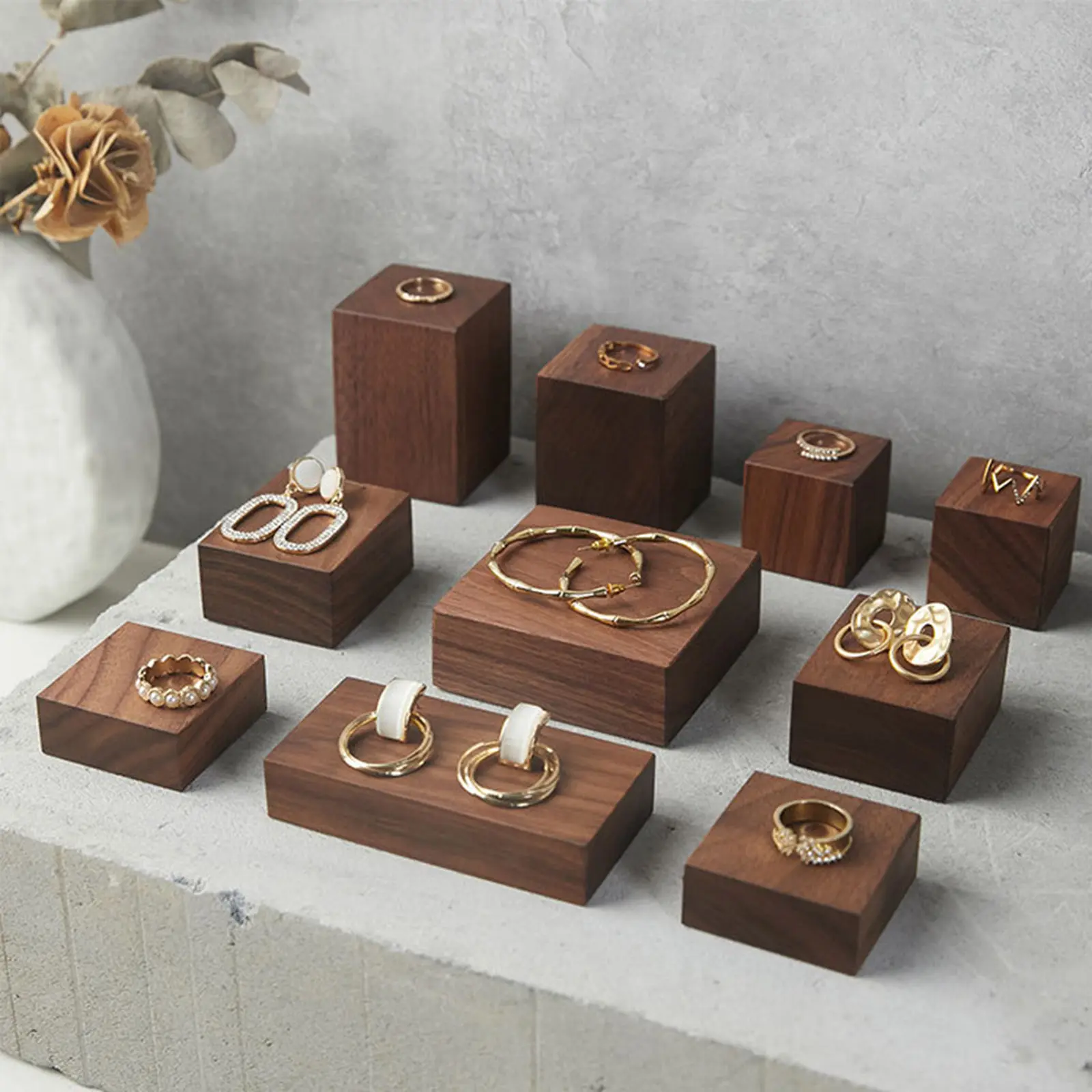 Vintage Walnut Wood Jewelry Displays Holder Rack Dark Brown High-end Display Stand Storage Photo Props Rings Earring Necklace