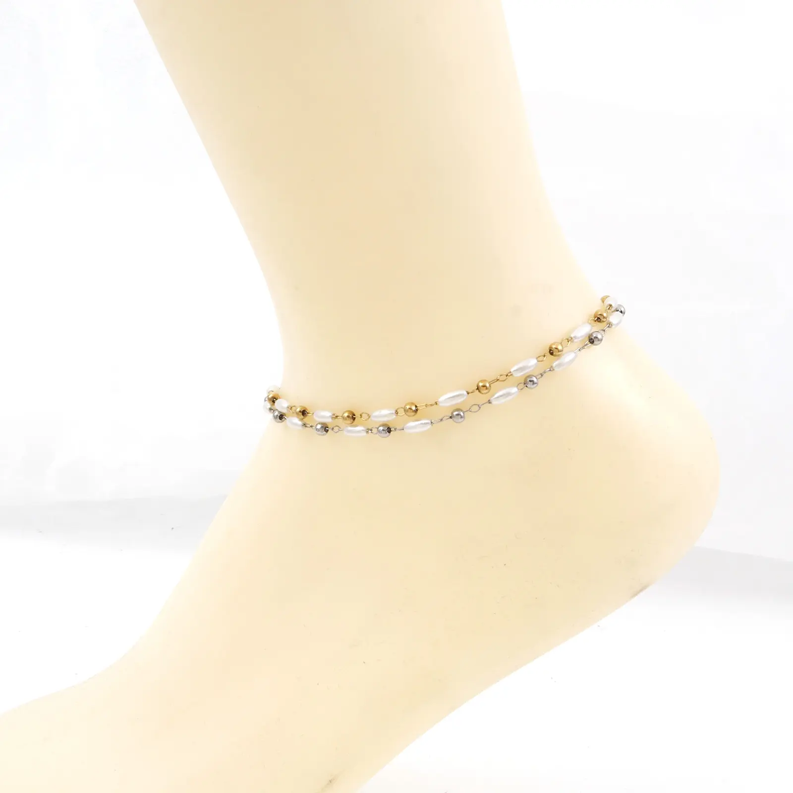 Fashion 304 Stainless Steel Anklet White Imitation Pearl Bead Chain Lobster Clasp For Women Gifts 23.5cm(9 2/8") long, 1 Piece
