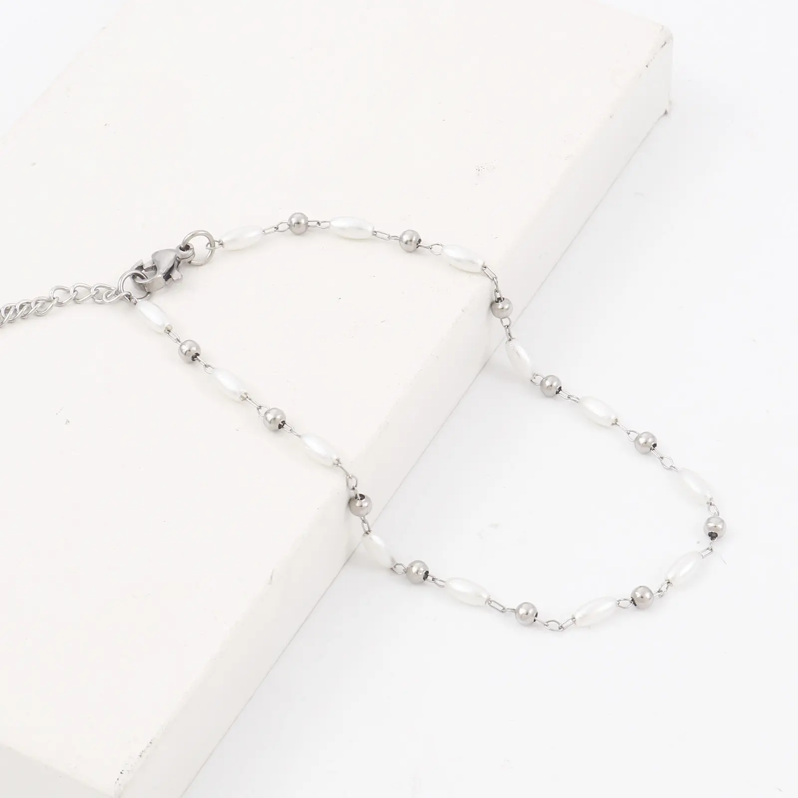 Fashion 304 Stainless Steel Anklet White Imitation Pearl Bead Chain Lobster Clasp For Women Gifts 23.5cm(9 2/8") long, 1 Piece