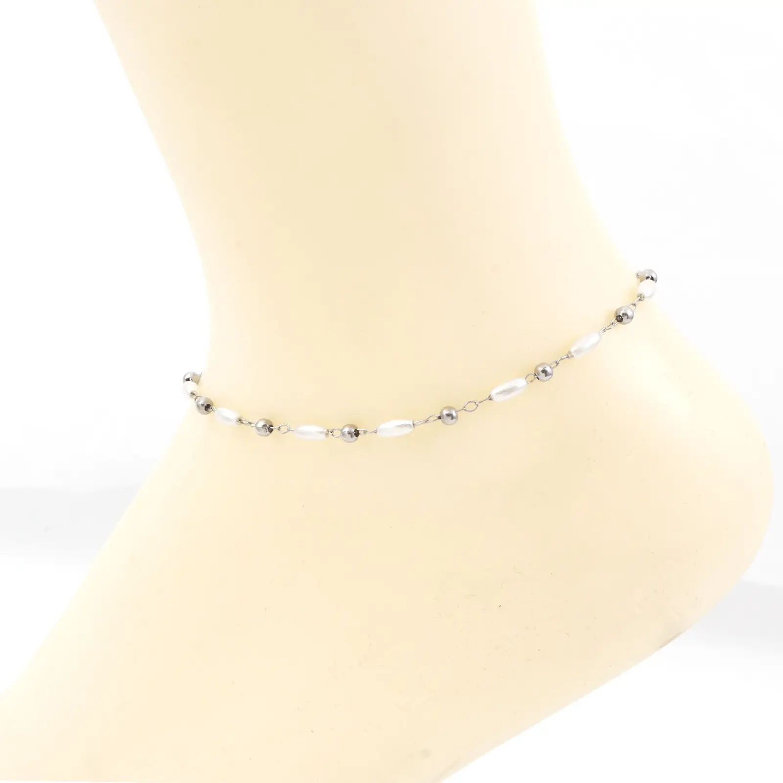 Fashion 304 Stainless Steel Anklet White Imitation Pearl Bead Chain Lobster Clasp For Women Gifts 23.5cm(9 2/8") long, 1 Piece