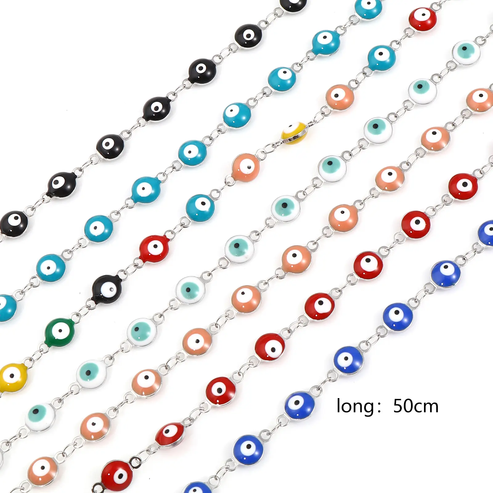 Stainless Steel Religious Necklace Round Evil Eye Multicolor Enamel Silver Color Link Chain Jewelry 50cm(19 5/8") long, 1 Piece