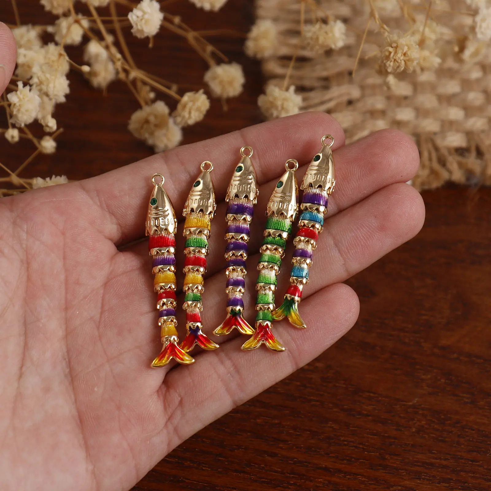 1 Piece 3D Brass Ocean Movable Fish Jewelry Pendants 18K Gold Plated Multicolor Enamel Charm For DIY Necklace Making 47mm x 8mm