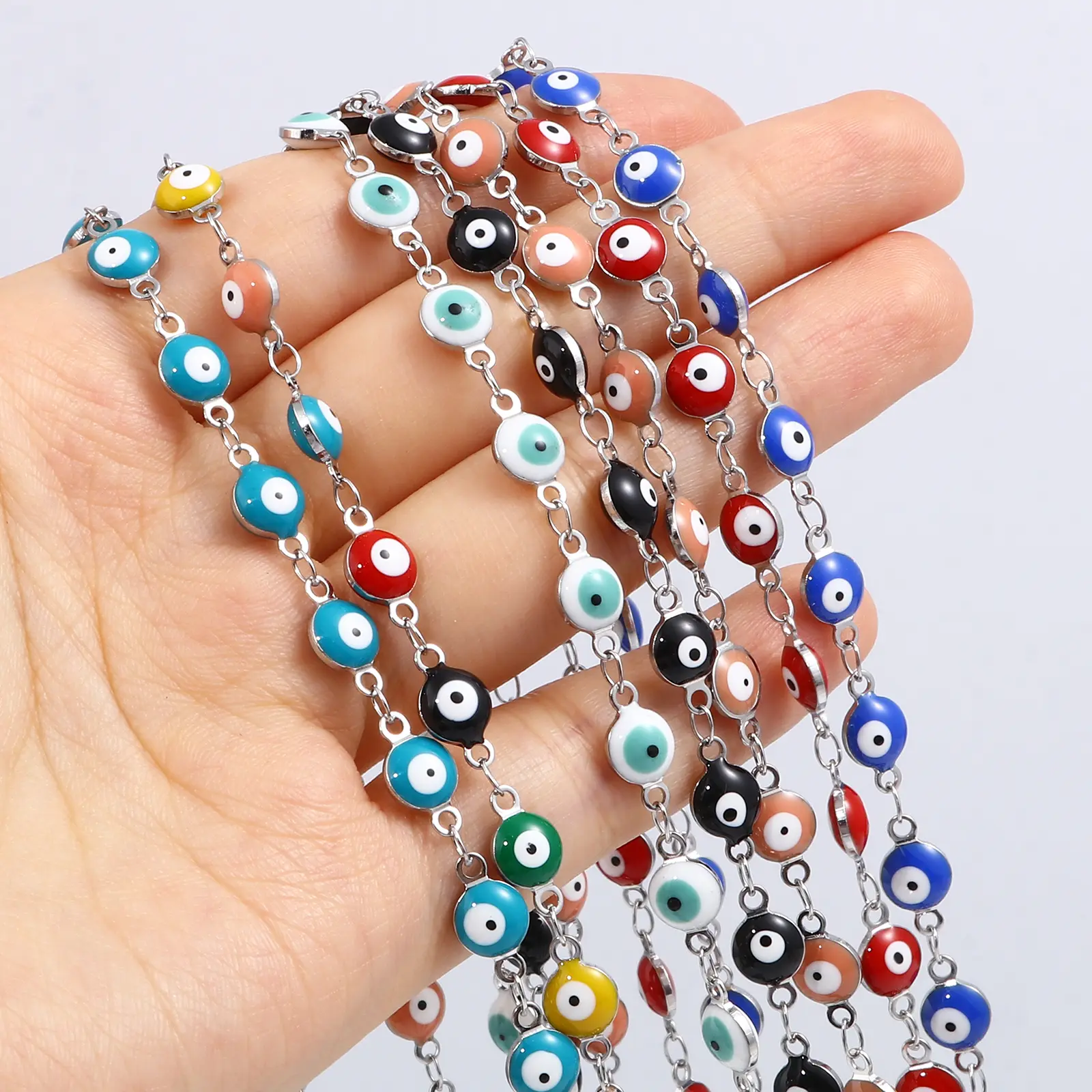 Stainless Steel Religious Necklace Round Evil Eye Multicolor Enamel Silver Color Link Chain Jewelry 50cm(19 5/8") long, 1 Piece
