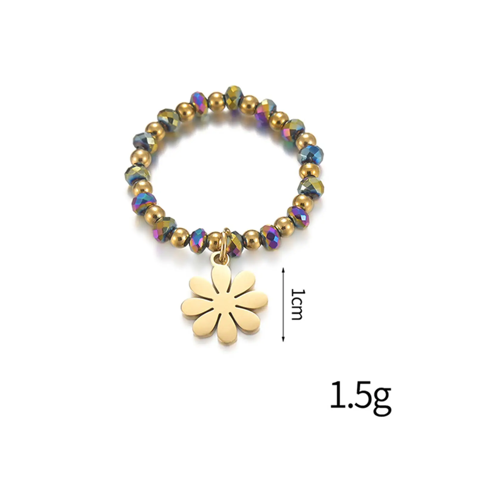 304 Stainless Steel & Stone Elastic Stretch Bead Stackable Rings Gold Color Wing Heart With Pendant 19.8mm(US Size 10), 1 Piece