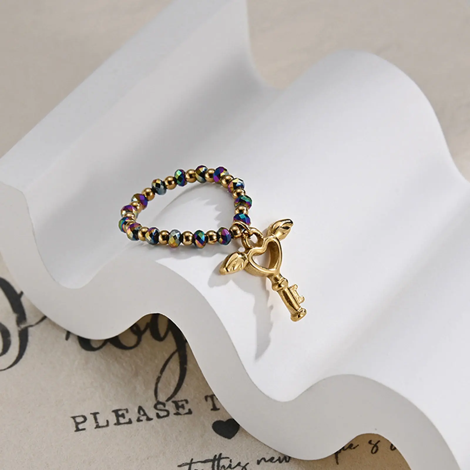 304 Stainless Steel & Stone Elastic Stretch Bead Stackable Rings Gold Color Wing Heart With Pendant 19.8mm(US Size 10), 1 Piece
