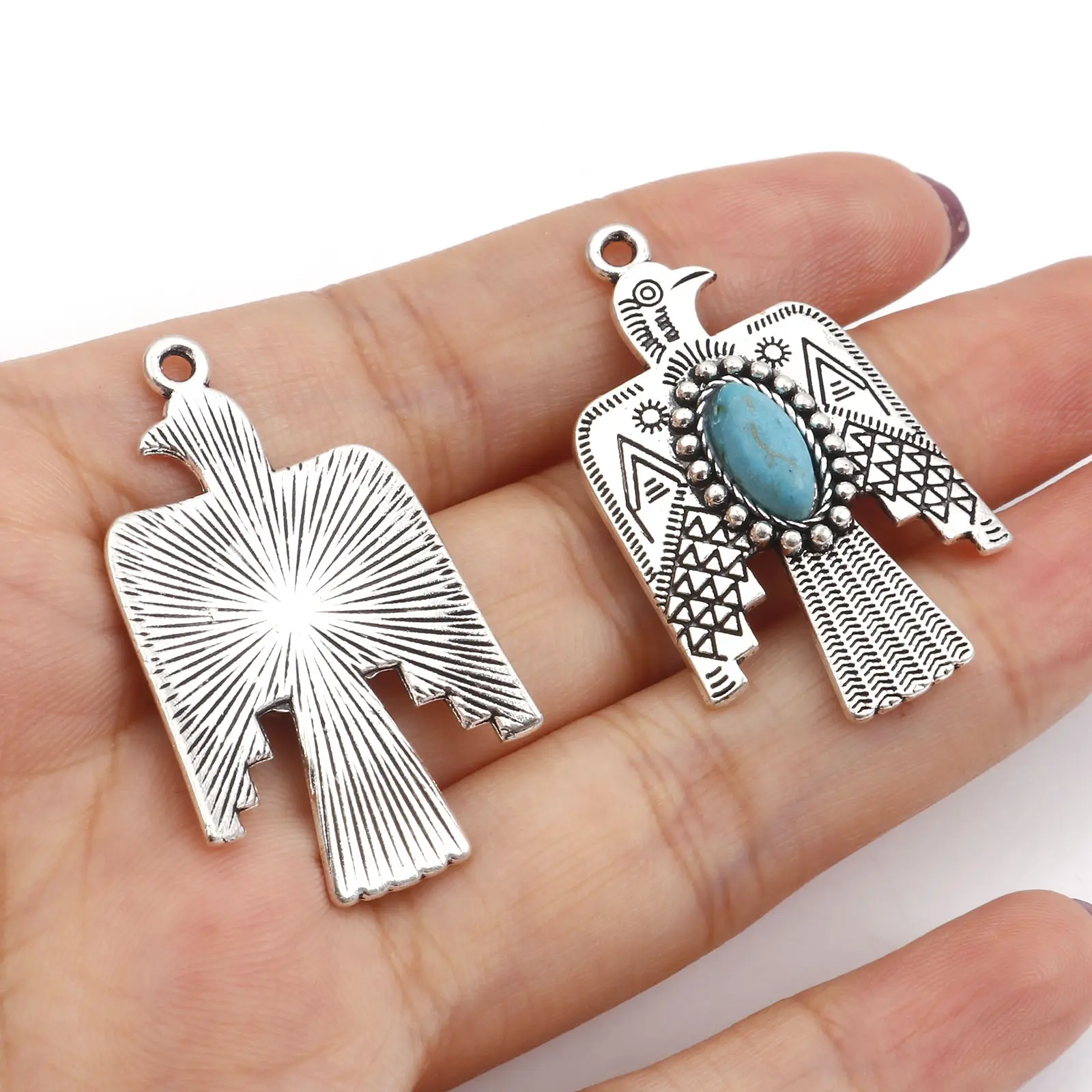5PCs Antique Blue Thunderbird Bohemian Pendants Silver Color Resin Cabochons Charms For DIY Necklace Jewelry Making Findings