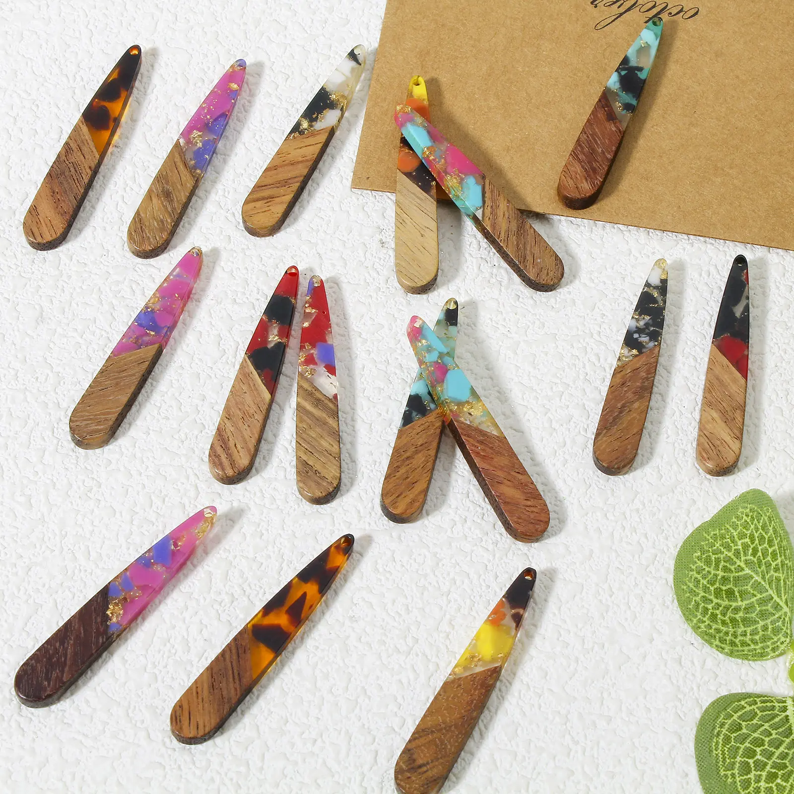 5 PCs Resin & Wood Pendants Multicolor Drop Gravels Chips Chamrs For Earrings Necklace Diy Jewelry Making Findings 4.4cm x 0.8cm