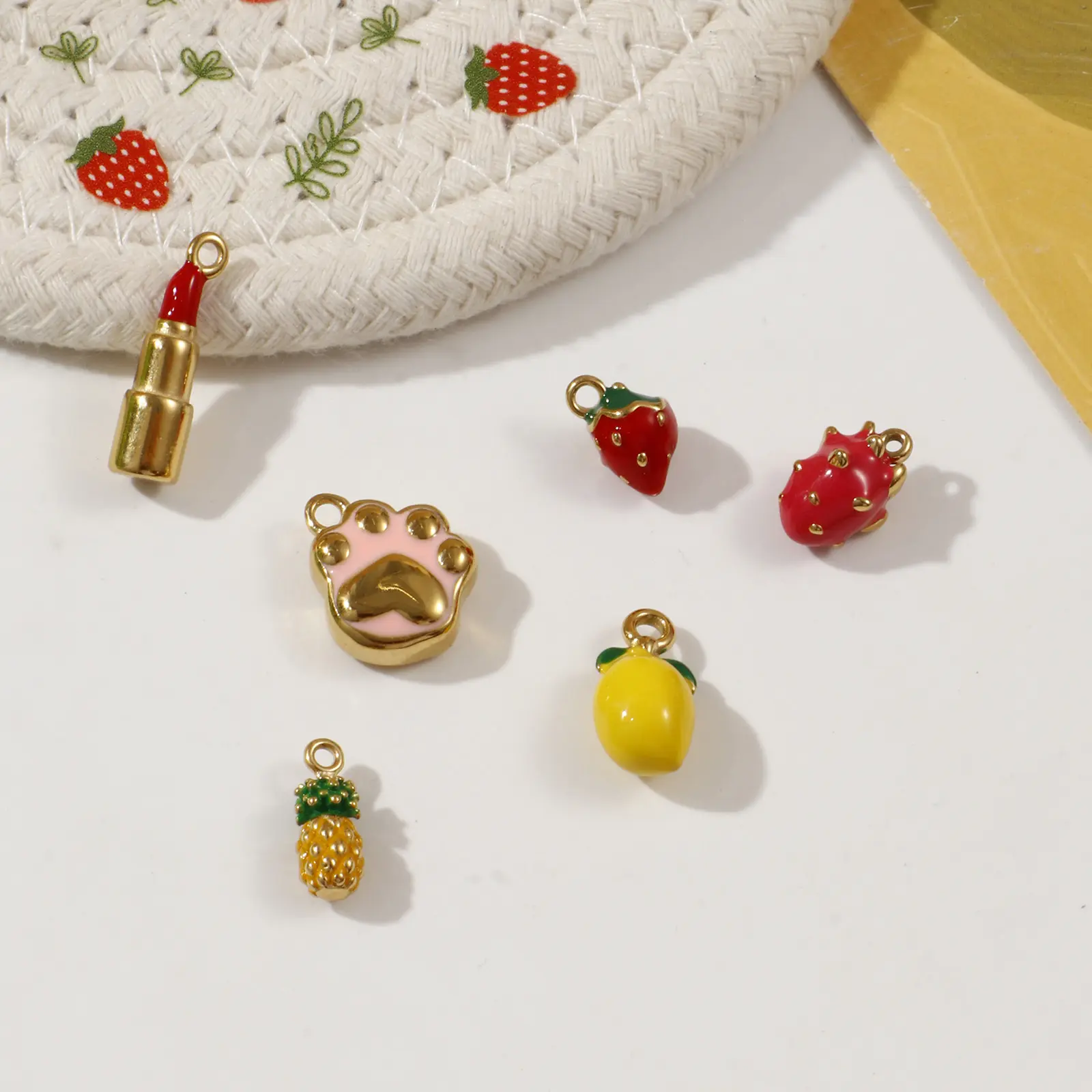 1 Piece 304 Stainless Steel Enamel Red Yellow Charms 18K Real Gold Plated Lipstick Strawberry Mango Pendant Necklace DIY Making