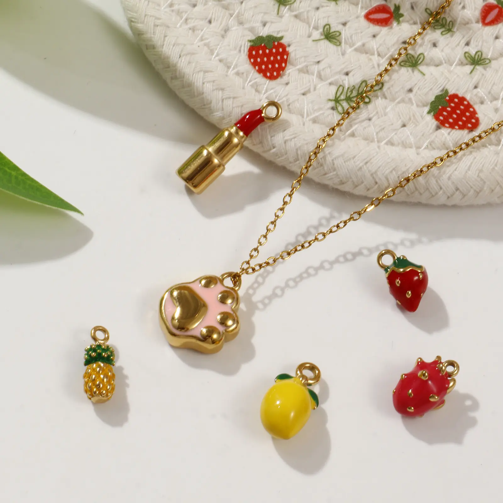 1 Piece 304 Stainless Steel Enamel Red Yellow Charms 18K Real Gold Plated Lipstick Strawberry Mango Pendant Necklace DIY Making