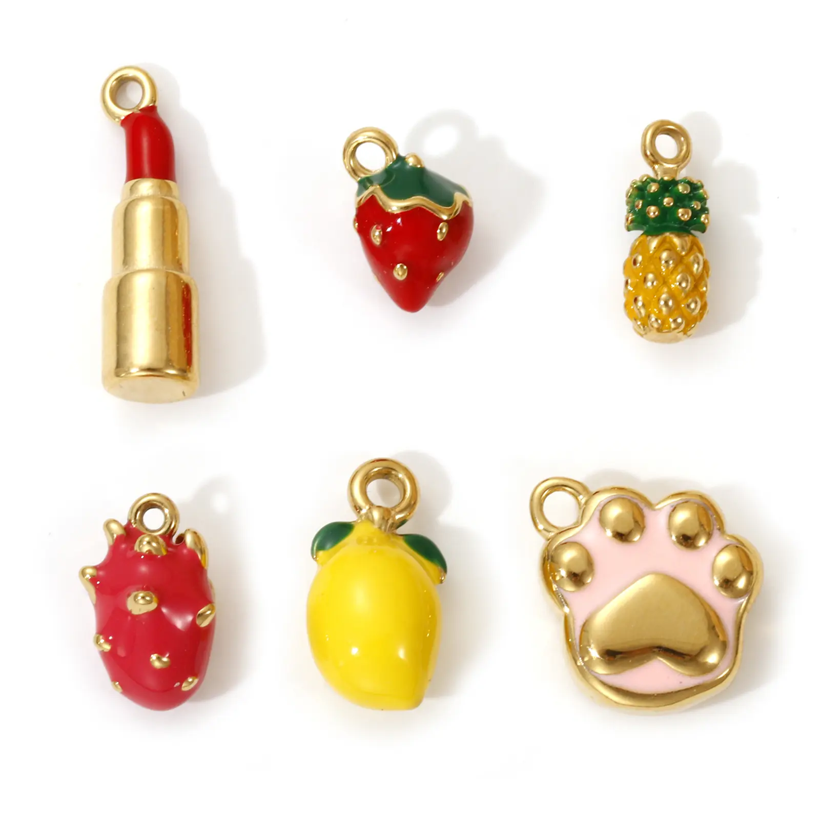 1 Piece 304 Stainless Steel Enamel Red Yellow Charms 18K Real Gold Plated Lipstick Strawberry Mango Pendant Necklace DIY Making
