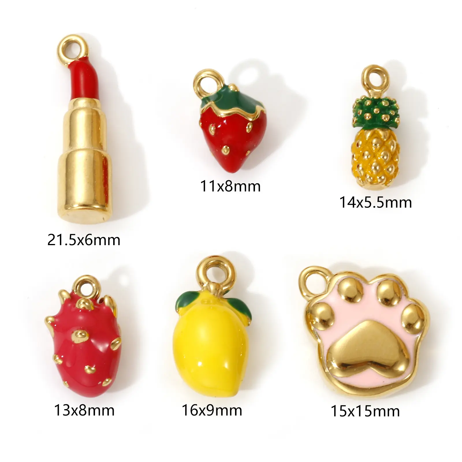 1 Piece 304 Stainless Steel Enamel Red Yellow Charms 18K Real Gold Plated Lipstick Strawberry Mango Pendant Necklace DIY Making