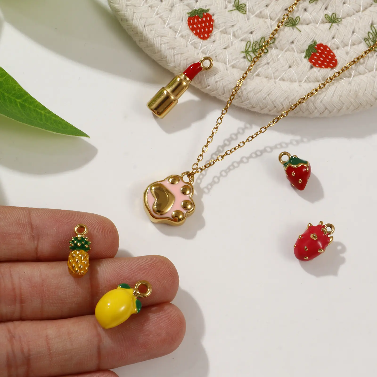 1 Piece 304 Stainless Steel Enamel Red Yellow Charms 18K Real Gold Plated Lipstick Strawberry Mango Pendant Necklace DIY Making