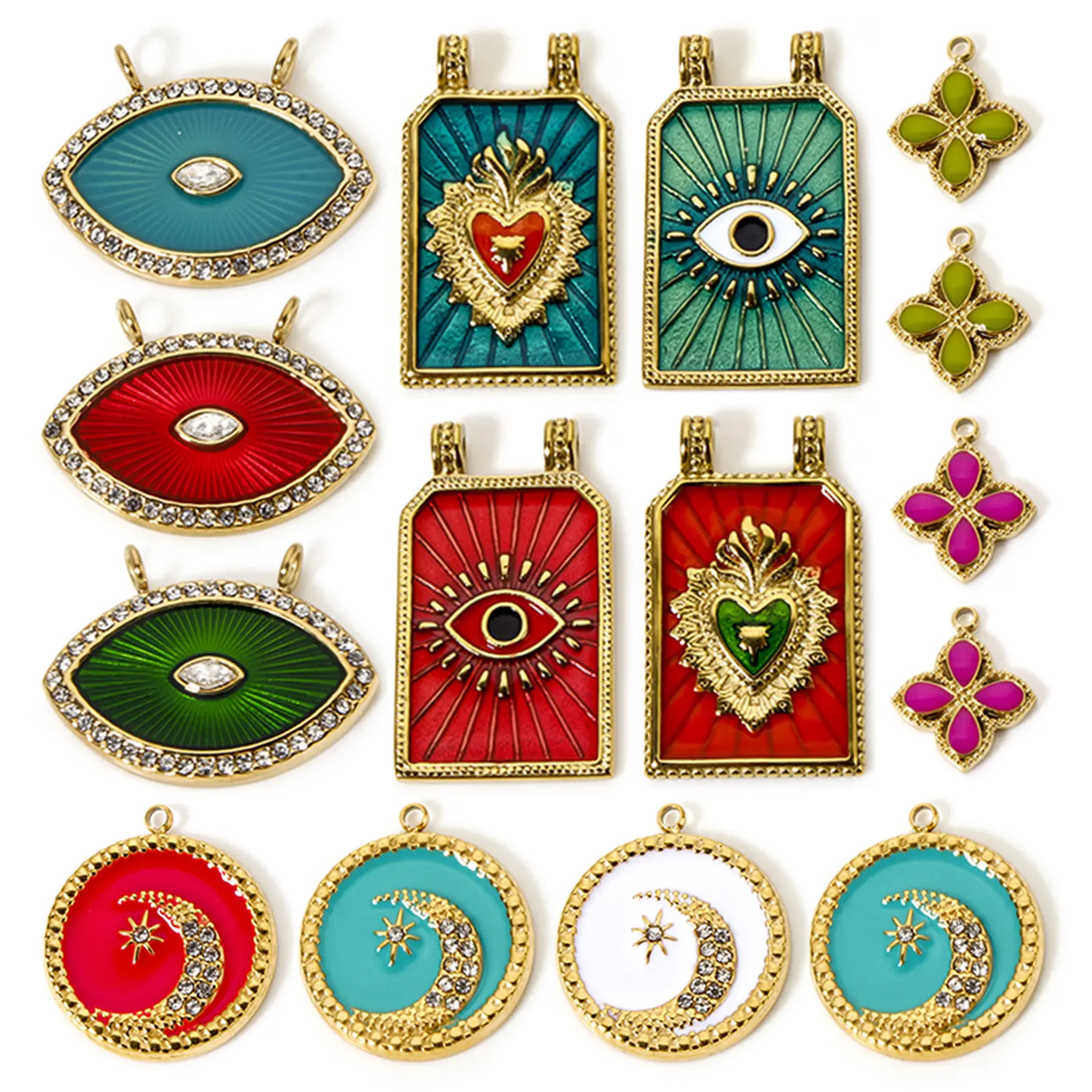1 Piece Stainless Steel Rhinestone Evil Eye Pendant 14K Real Gold Plated Geometric Moon Charms For Jewelry Necklace Making DIY