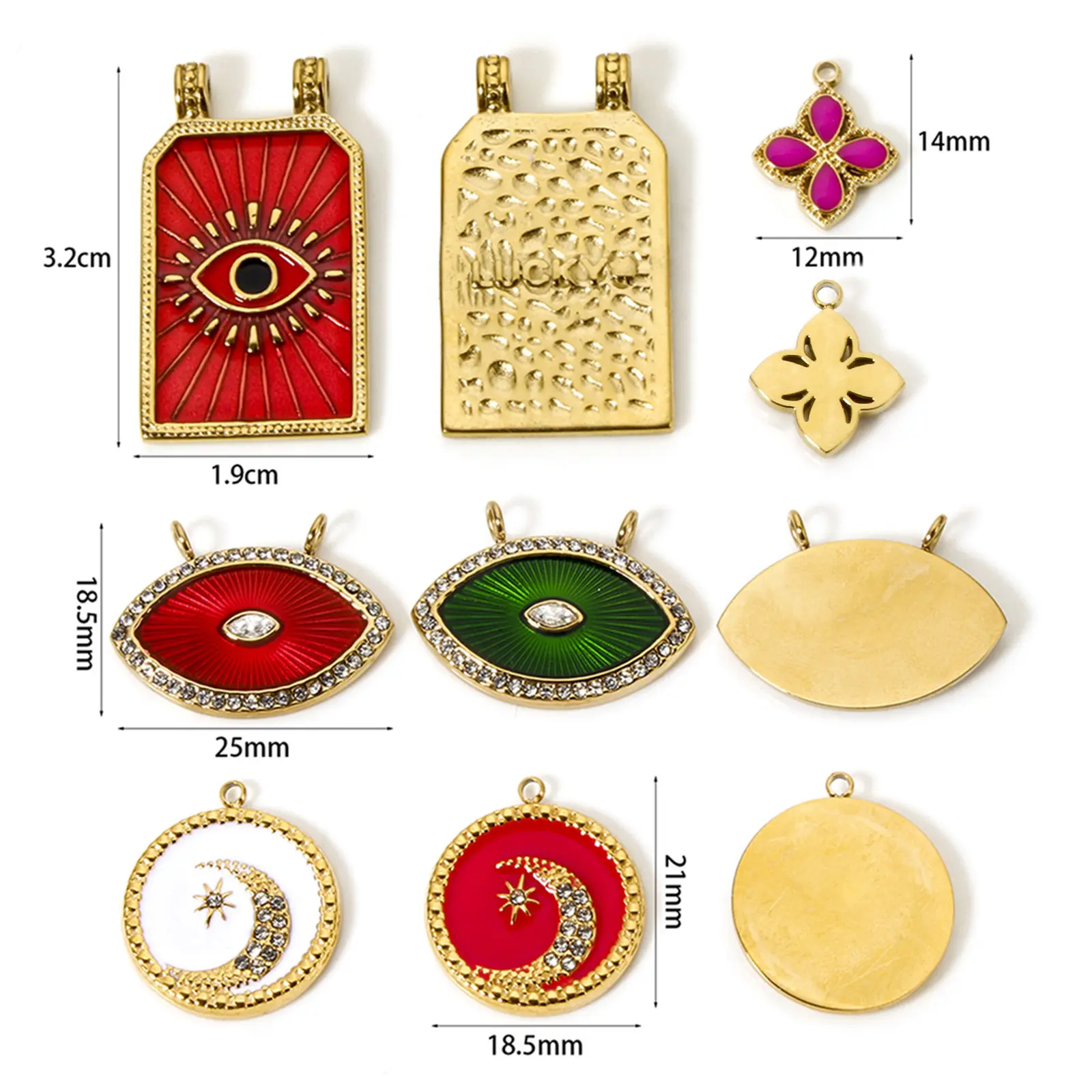 1 Piece Stainless Steel Rhinestone Evil Eye Pendant 14K Real Gold Plated Geometric Moon Charms For Jewelry Necklace Making DIY
