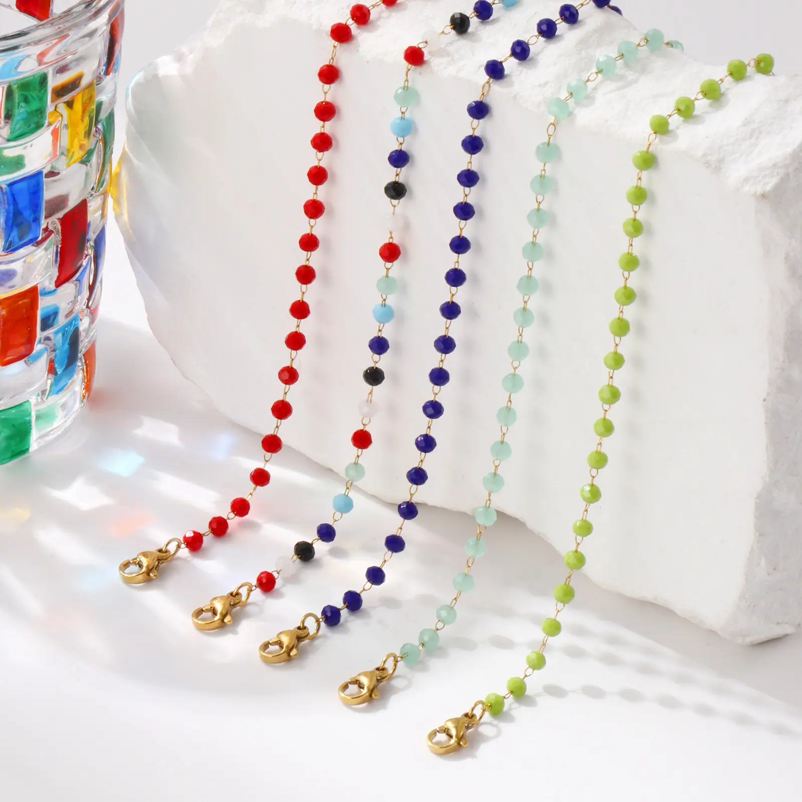 Fashion Summer Anklet 18K Gold Plated 304 Stainless Steel & Glass Beaded Chain Anklets For Women Beach Gift 22cm(8.7") long