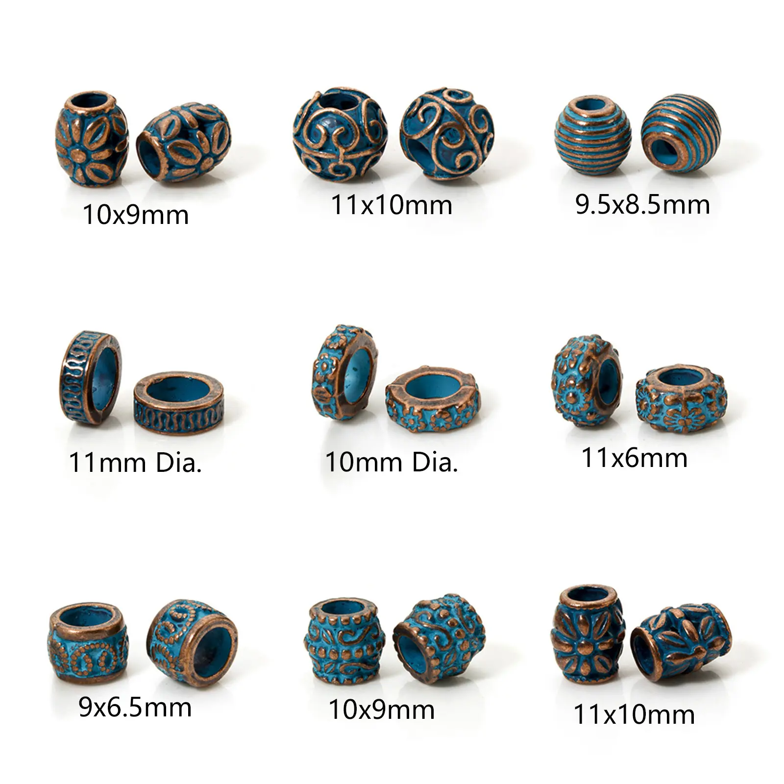 20 PCs Zinc Based Alloy Bohemia Patina Spacer Beads For DIY Jewelry Making Antique Copper Blue Drum Flower Necklace Findings