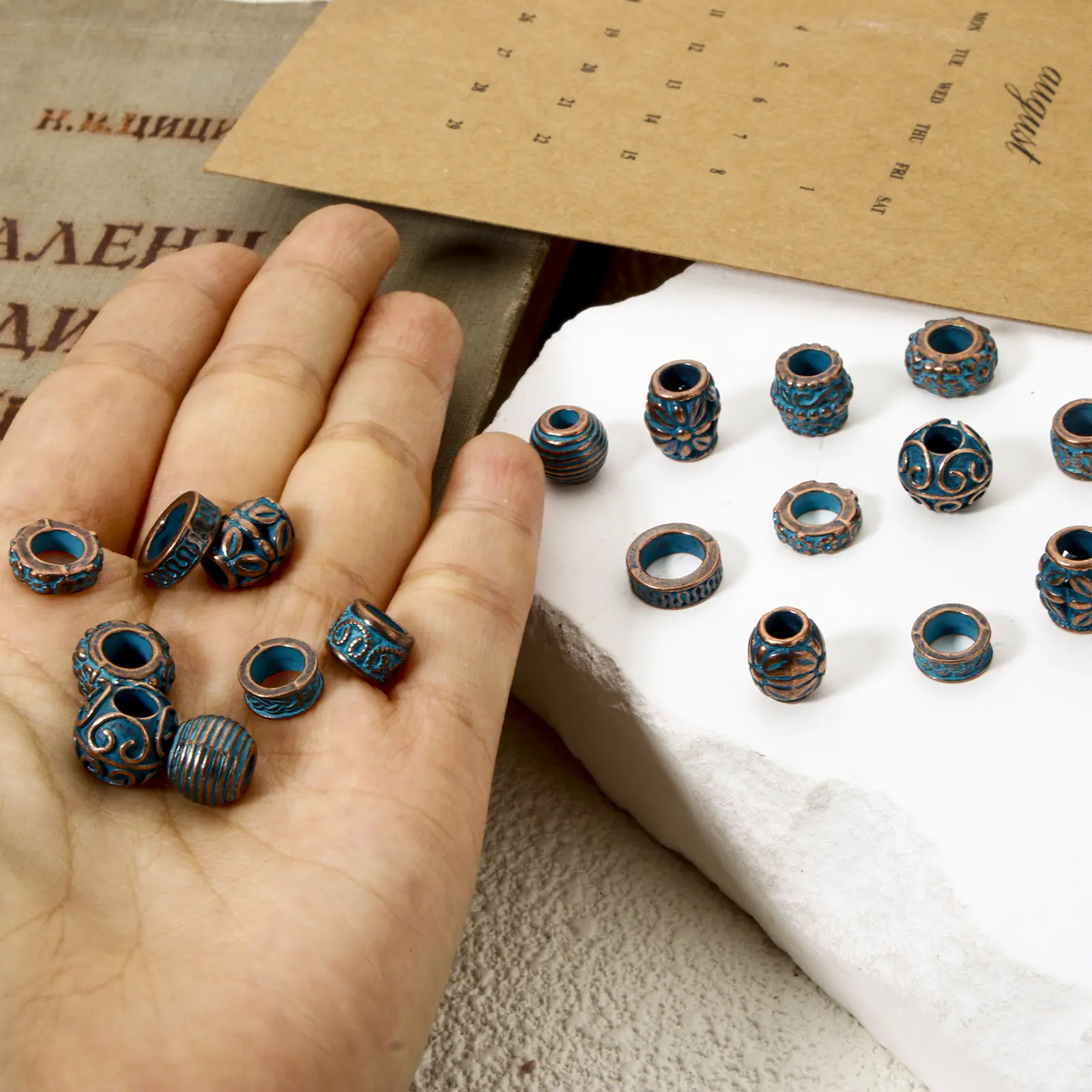 20 PCs Zinc Based Alloy Bohemia Patina Spacer Beads For DIY Jewelry Making Antique Copper Blue Drum Flower Necklace Findings