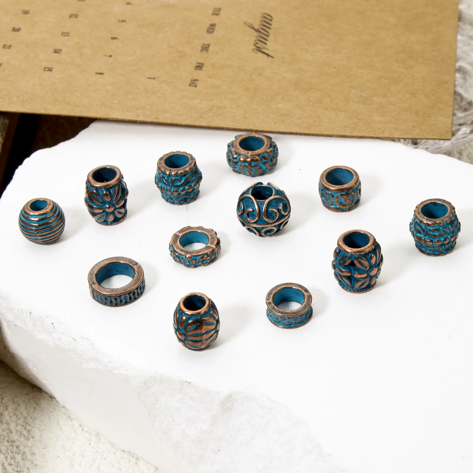 20 PCs Zinc Based Alloy Bohemia Patina Spacer Beads For DIY Jewelry Making Antique Copper Blue Drum Flower Necklace Findings