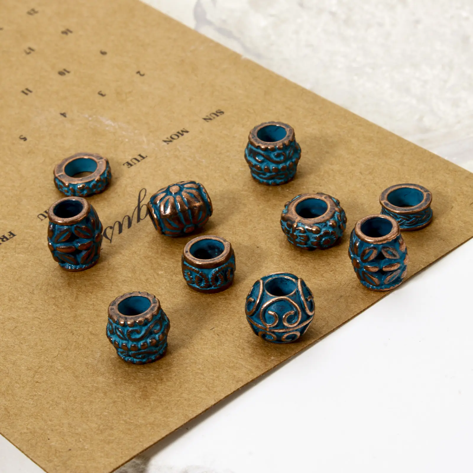 20 PCs Zinc Based Alloy Bohemia Patina Spacer Beads For DIY Jewelry Making Antique Copper Blue Drum Flower Necklace Findings