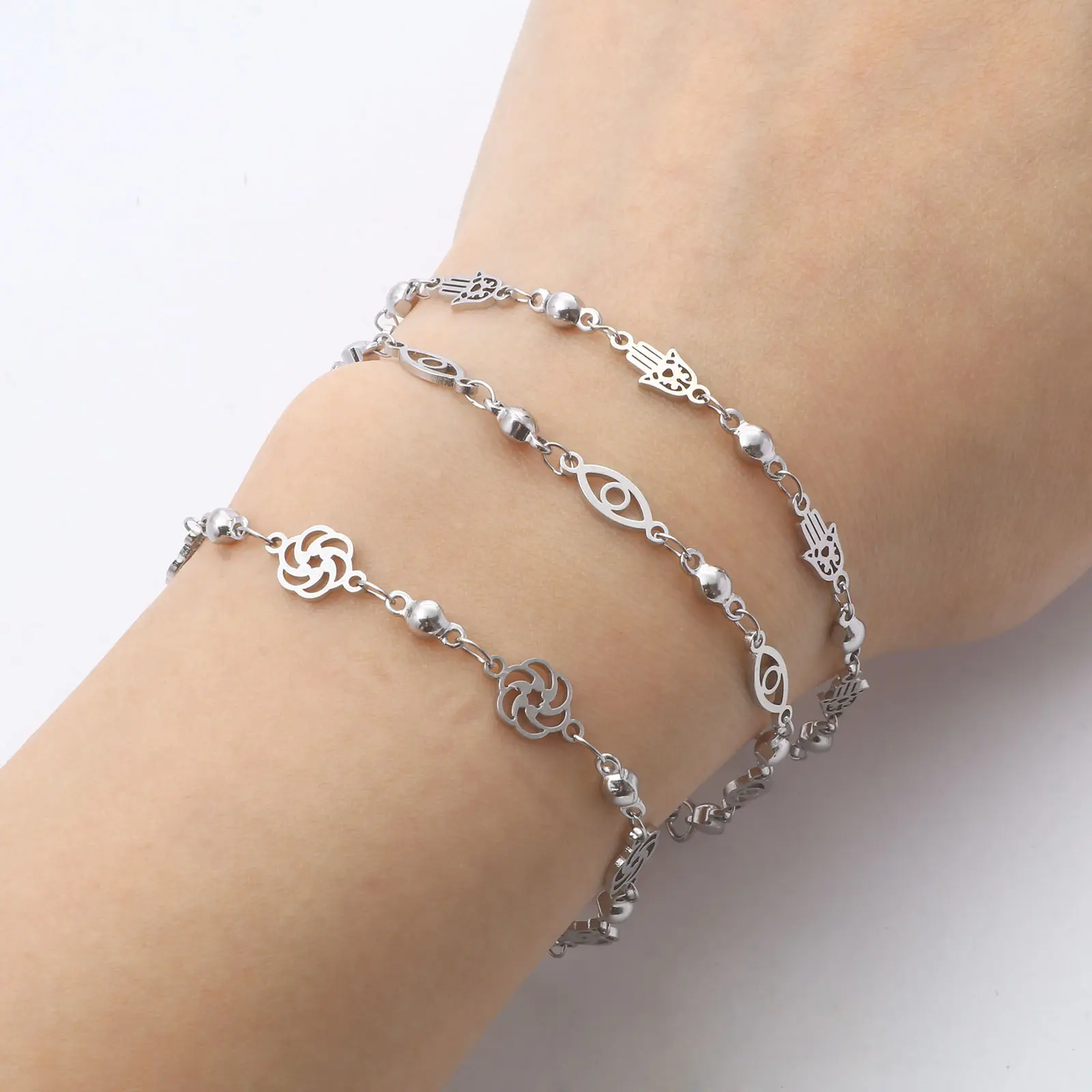 304 Stainless Steel Bracelets Link Chain Silver Color Gold Color Flower Evil Eye For Women Fashion Gifts Accessories, , 1 Piece