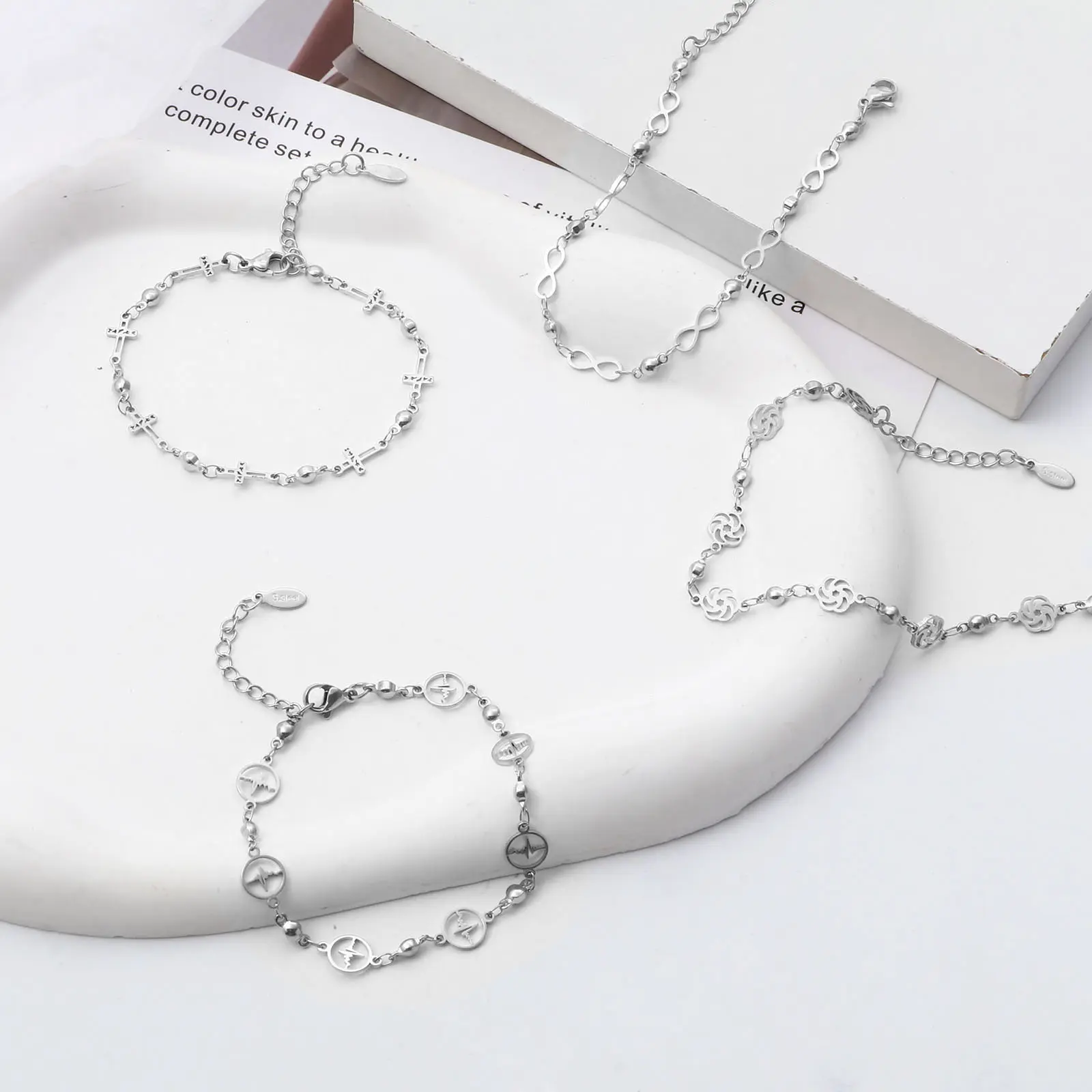 304 Stainless Steel Bracelets Link Chain Silver Color Gold Color Flower Evil Eye For Women Fashion Gifts Accessories, , 1 Piece