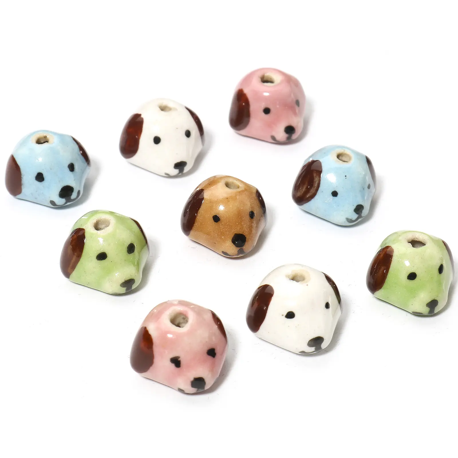 5 PCs Ceramic Dog Animal Beads For DIY Charm Jewelry Making Multicolor 3D Charms Findings About 14mm x 14mm, Hole: Approx 1.8mm