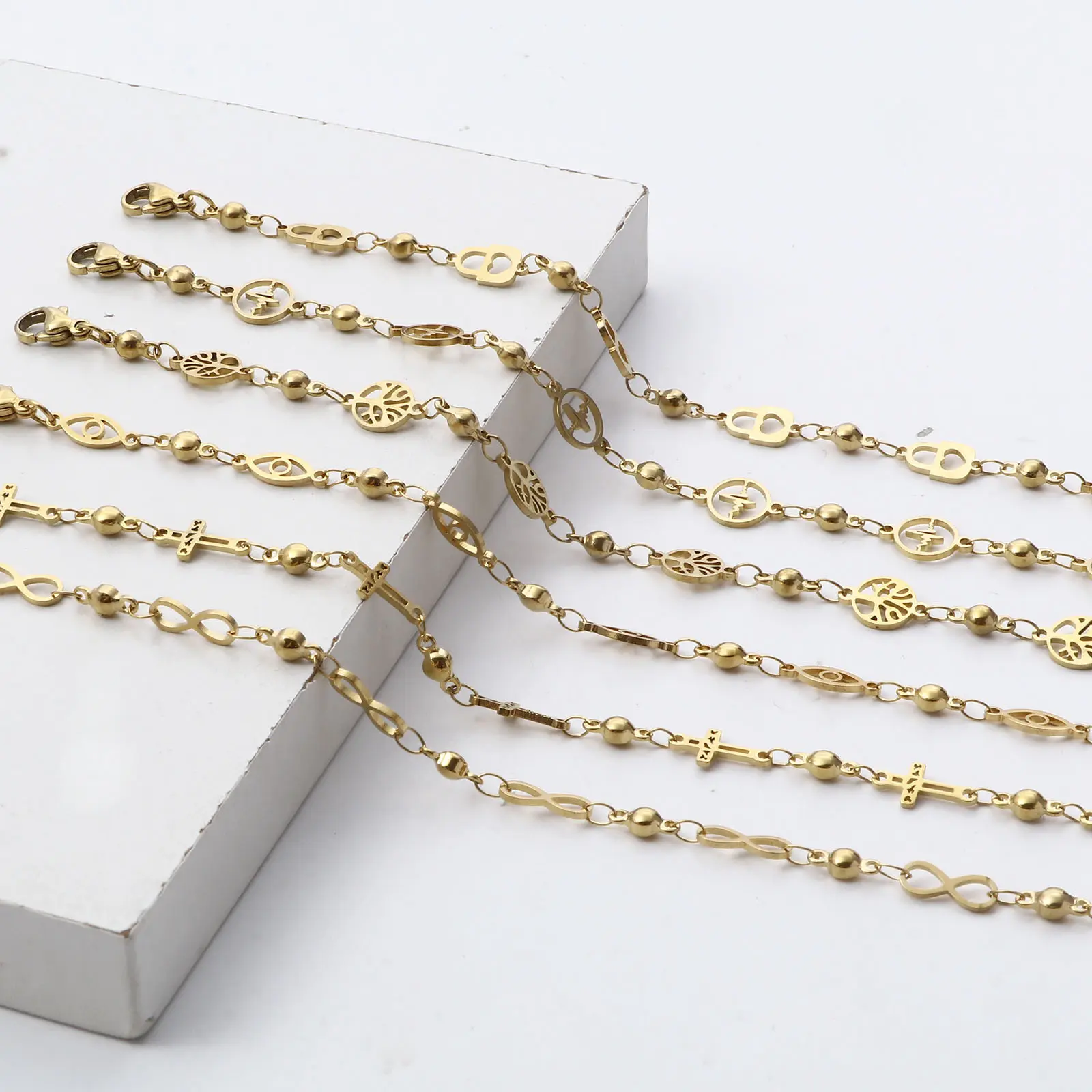 304 Stainless Steel Bracelets Link Chain Silver Color Gold Color Flower Evil Eye For Women Fashion Gifts Accessories, , 1 Piece