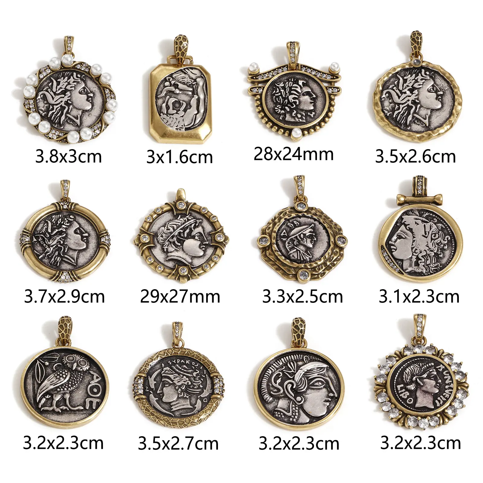 1 Piece Brass Coin Pendants Antique Silver Color Antique Bronze Two Tone Head Portrait Double Sided For DIY Jewelry Making