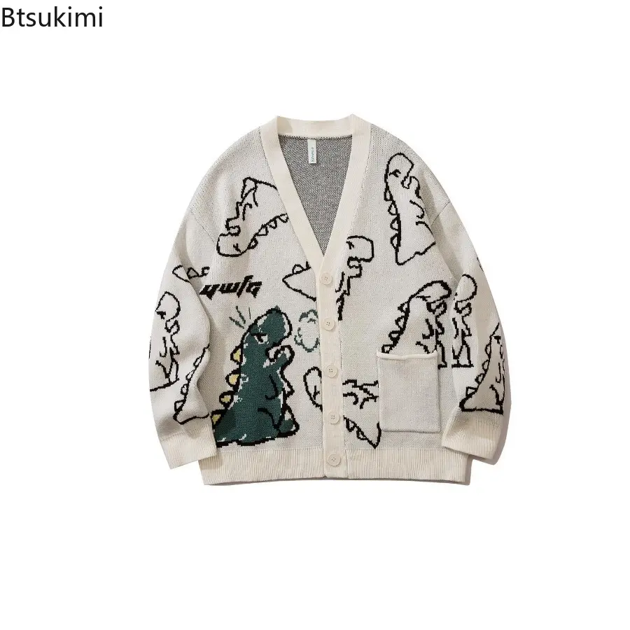 Men's Autumn Winter V-neck Cartoon Dinosaur Jacquard Knitwear Loose Long Sleeve Contrast Color Casual Knitted Cardigan Sweater