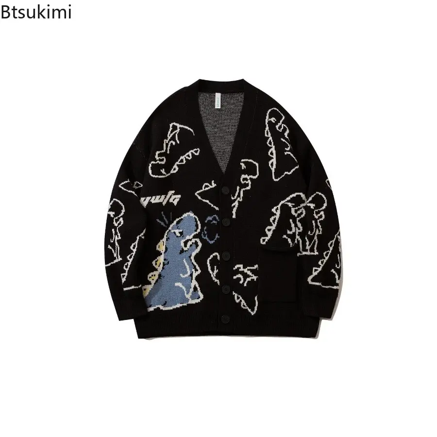 Men's Autumn Winter V-neck Cartoon Dinosaur Jacquard Knitwear Loose Long Sleeve Contrast Color Casual Knitted Cardigan Sweater