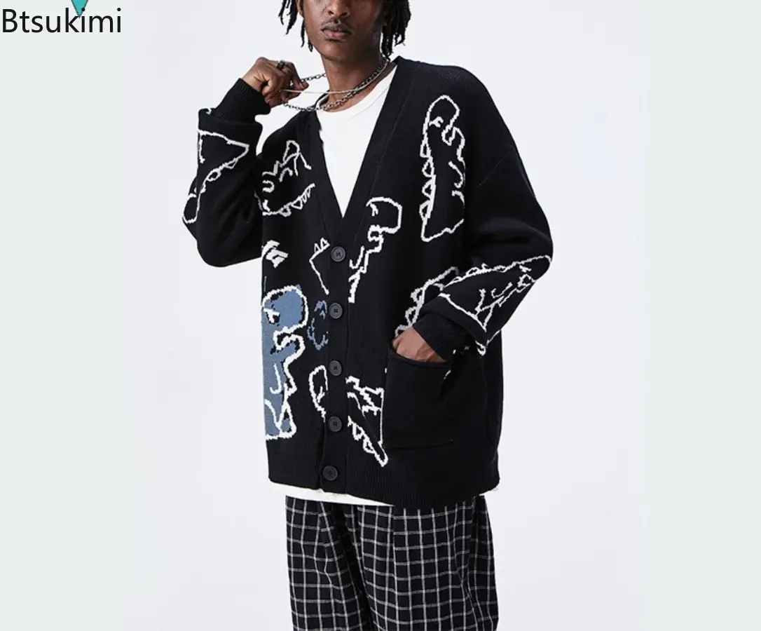 Men's Autumn Winter V-neck Cartoon Dinosaur Jacquard Knitwear Loose Long Sleeve Contrast Color Casual Knitted Cardigan Sweater