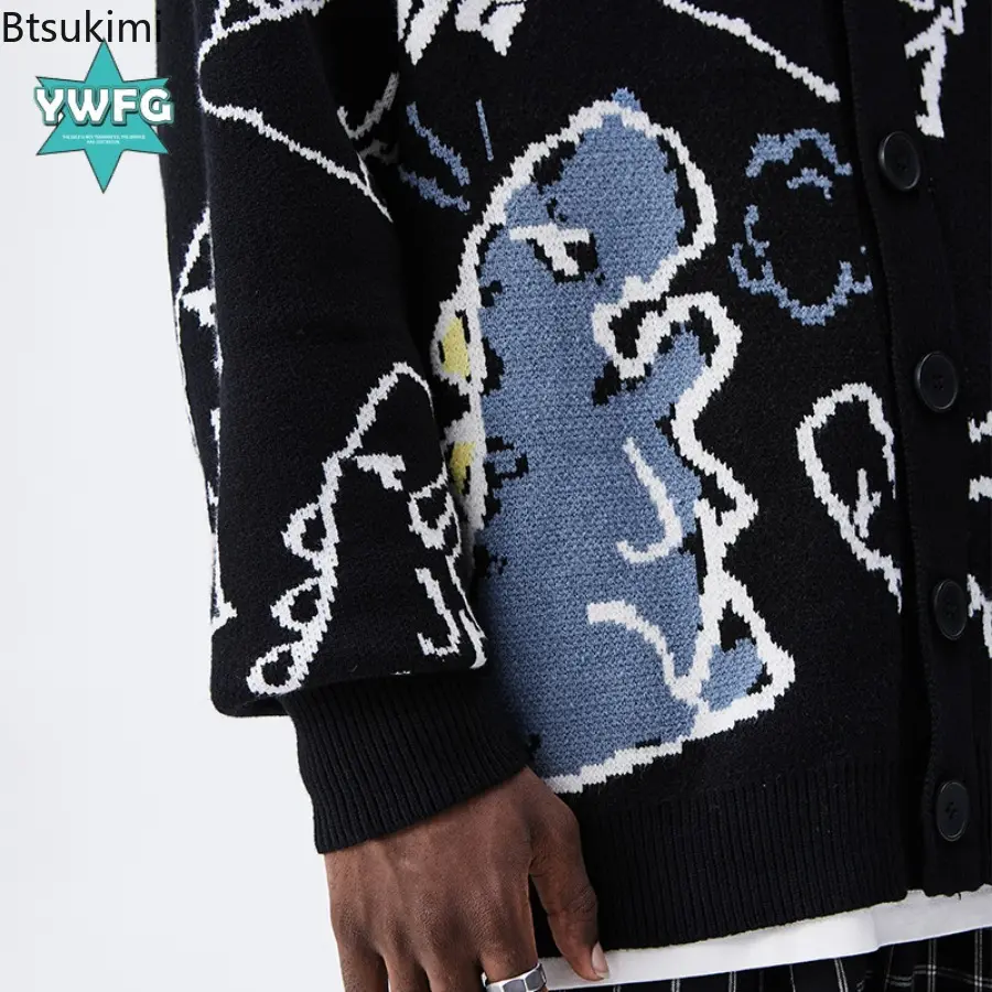 Men's Autumn Winter V-neck Cartoon Dinosaur Jacquard Knitwear Loose Long Sleeve Contrast Color Casual Knitted Cardigan Sweater