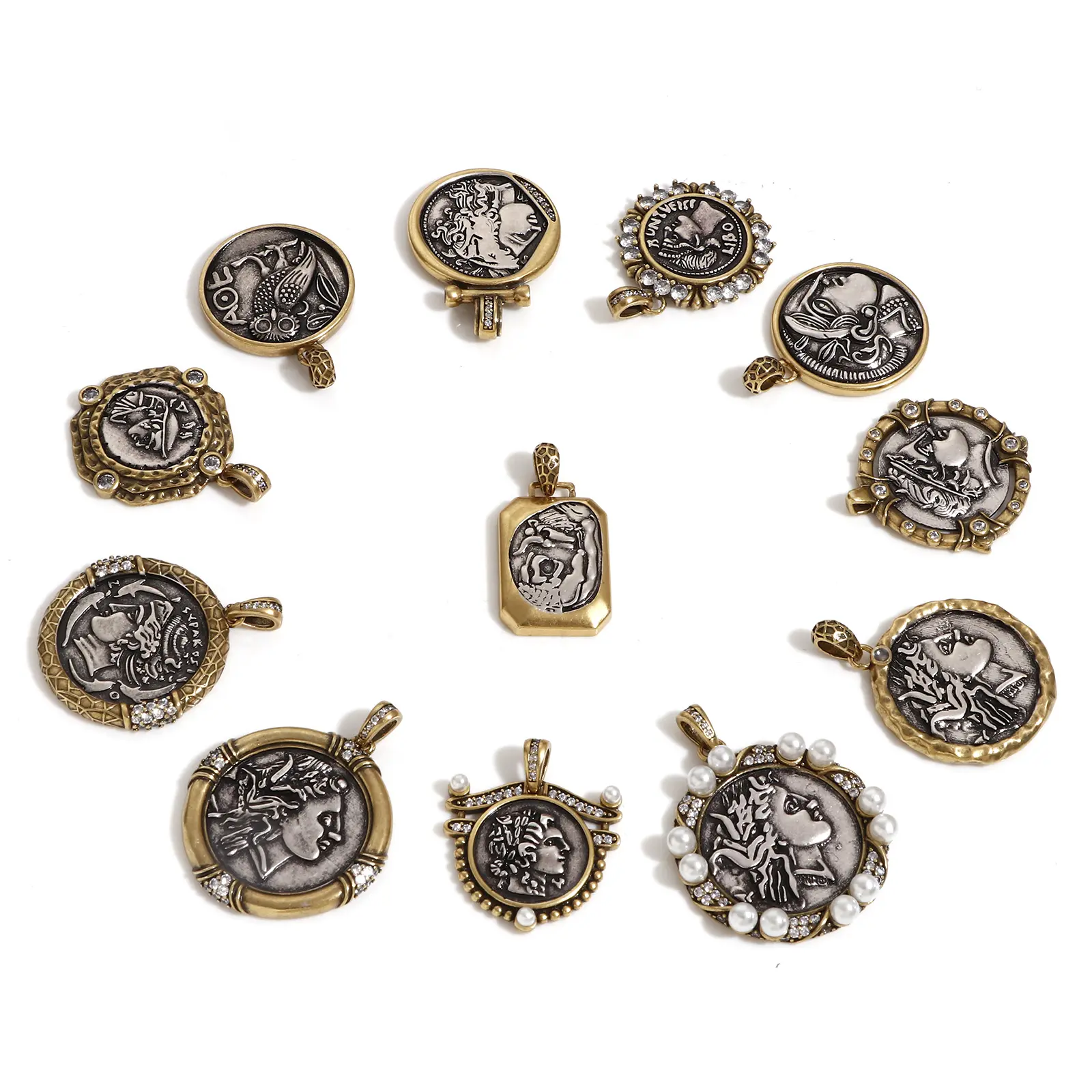 1 Piece Brass Coin Pendants Antique Silver Color Antique Bronze Two Tone Head Portrait Double Sided For DIY Jewelry Making