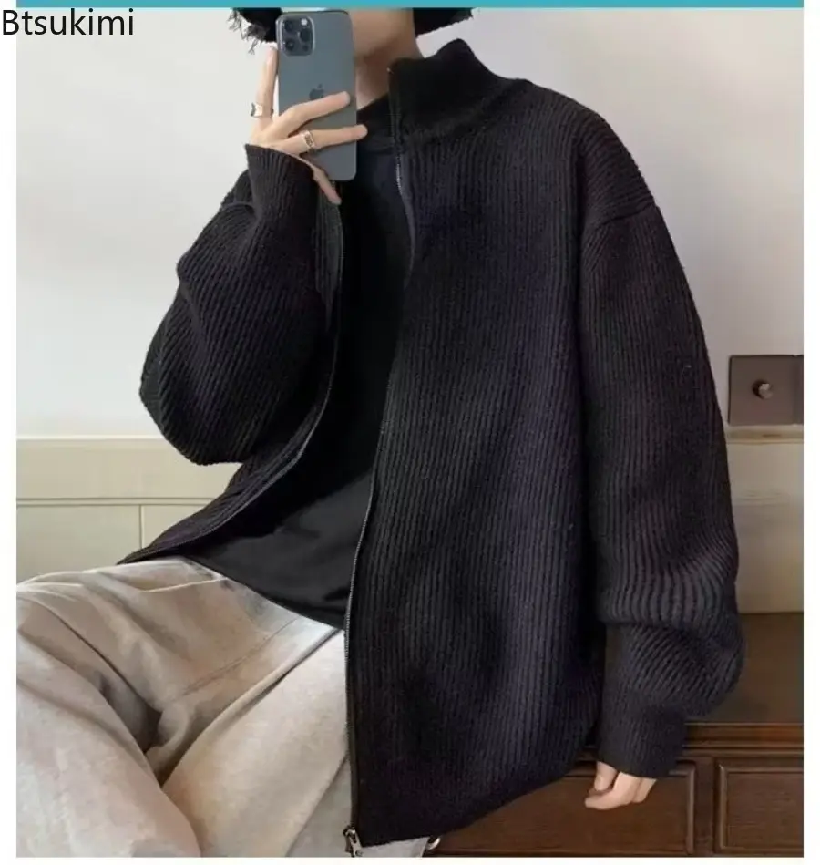 Men Y2K Knitted Cardigan Sweater Stand Up Collar Zipper Loose Knit Jacket 2025 New Autumn Winter Casual Fashion Plus Size Coat