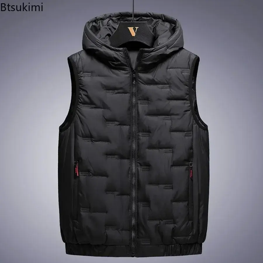 Aumtumn Winter Men's Casual Warm Parkas Vest Fashion Solid Sleeveless Thicken Hooded Down Cotton Vest Jacket Male Waistcoat 8XL