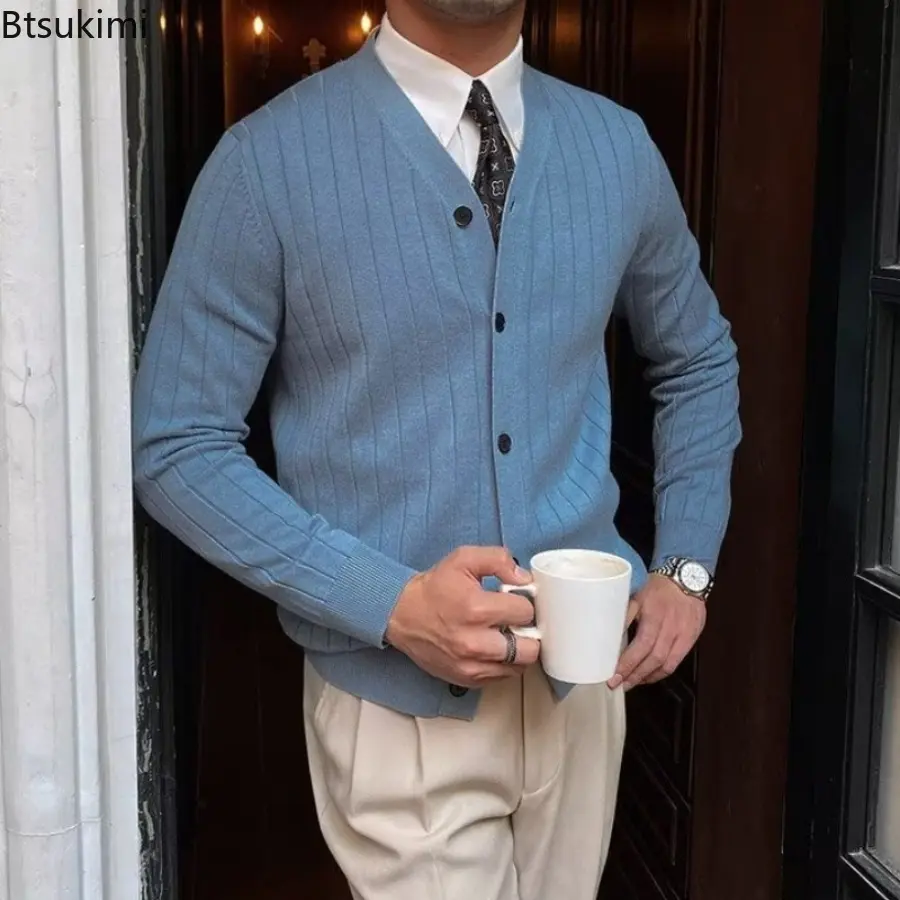 Spring Autumn Men's Business Casual V Neck Cardigan Solid Color Knit Sweatercoat Male Slim Fit Long Sleeve Knitted Sweater Tops