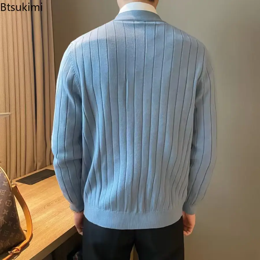 Spring Autumn Men's Business Casual V Neck Cardigan Solid Color Knit Sweatercoat Male Slim Fit Long Sleeve Knitted Sweater Tops