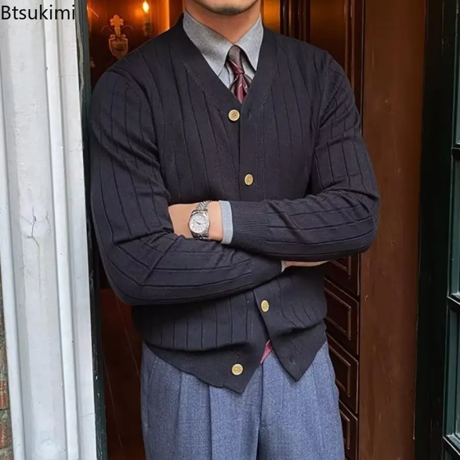 Spring Autumn Men's Business Casual V Neck Cardigan Solid Color Knit Sweatercoat Male Slim Fit Long Sleeve Knitted Sweater Tops