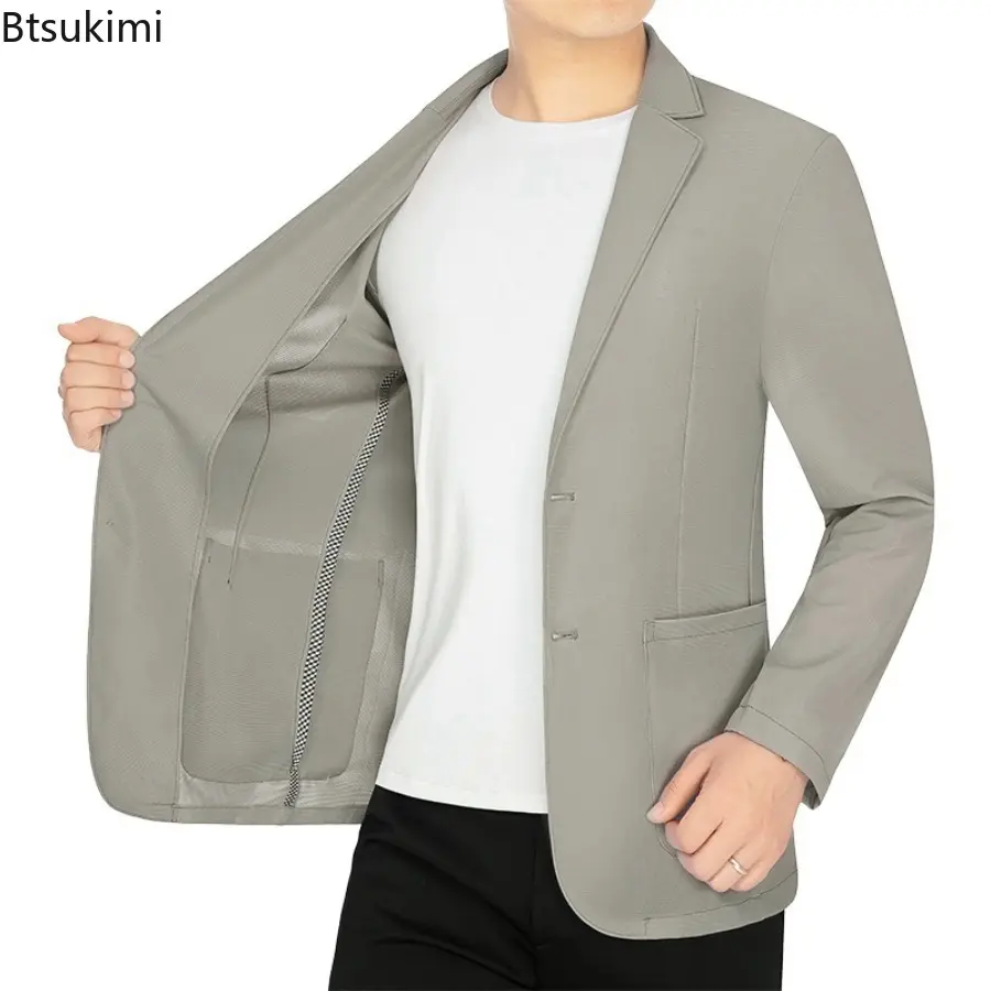 Summer New Men's Fashion Suit Ice Silk Solid Color Quick Drying Casual Jacket Coat Lapel Single-Breasted Hundred Men's Clothing