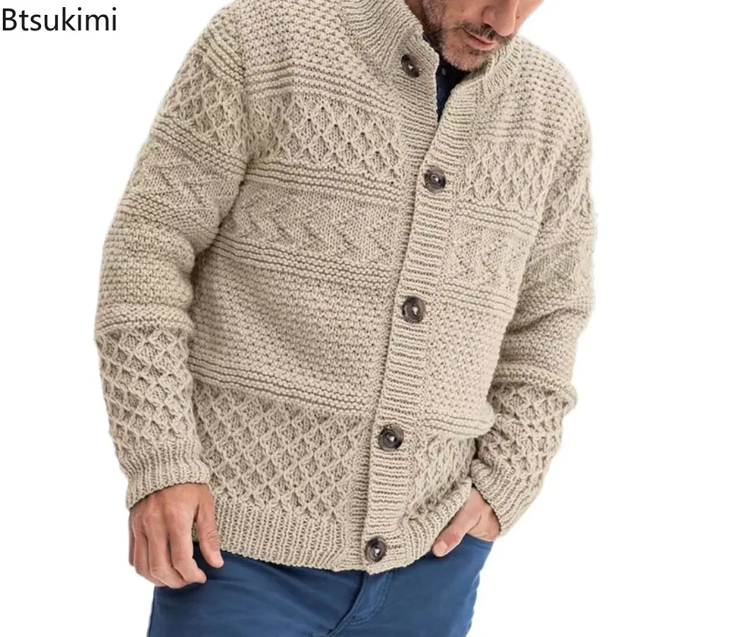 2025 Winter New Men's Long Sleeve Knitted Sweater Solid Heavy Industry Fried Dough Twists Cardigan Coat Fashion Casual Jacket