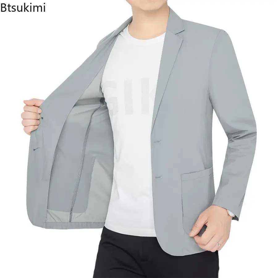 2025 New Summer Man Ice Silk Thin Blazers Jackets Solid Business Casual Suits Coats Fashion Male Sunscreen Quick Drying Blazers