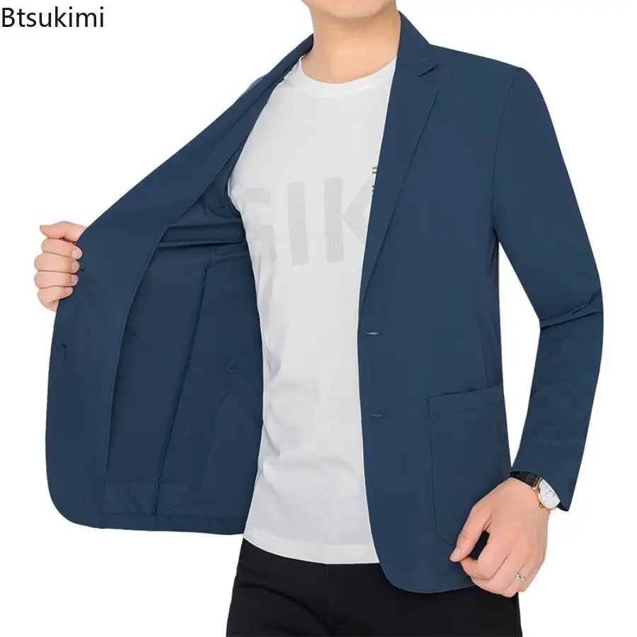 2025 New Summer Man Ice Silk Thin Blazers Jackets Solid Business Casual Suits Coats Fashion Male Sunscreen Quick Drying Blazers