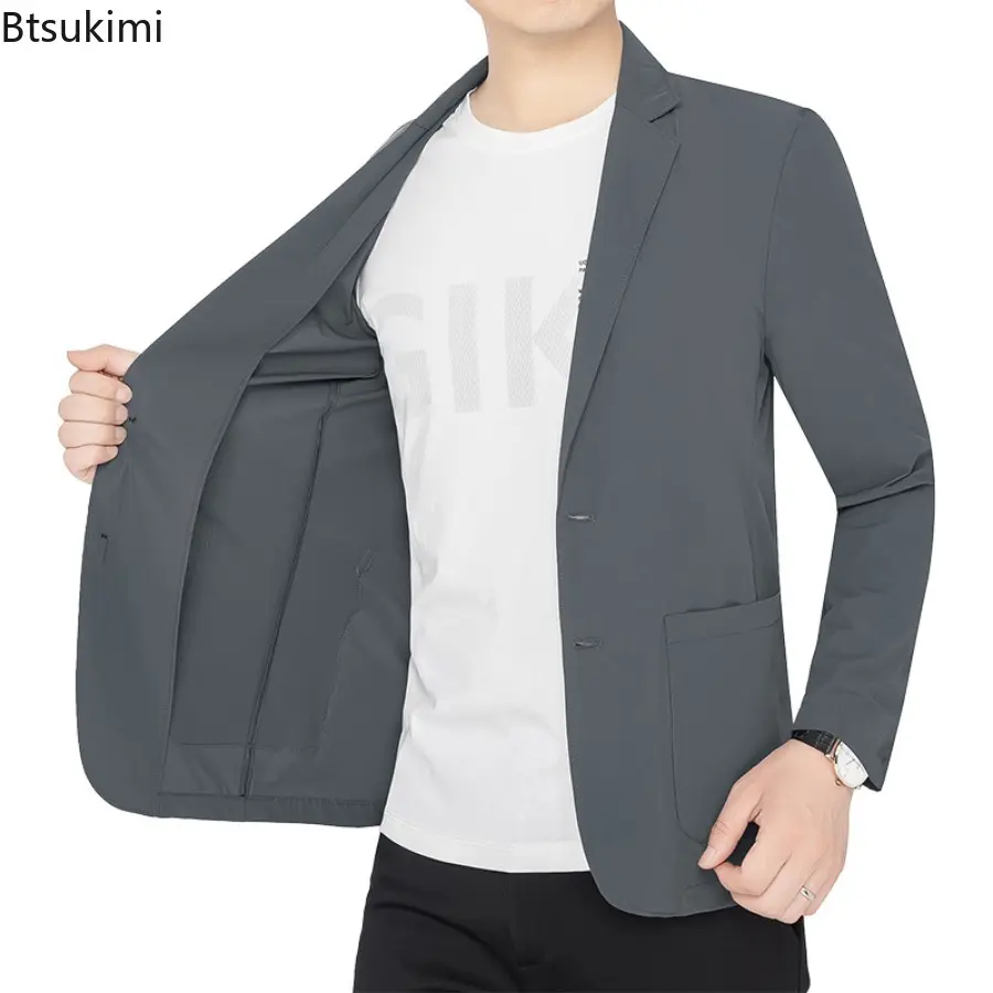 2025 New Summer Man Ice Silk Thin Blazers Jackets Solid Business Casual Suits Coats Fashion Male Sunscreen Quick Drying Blazers