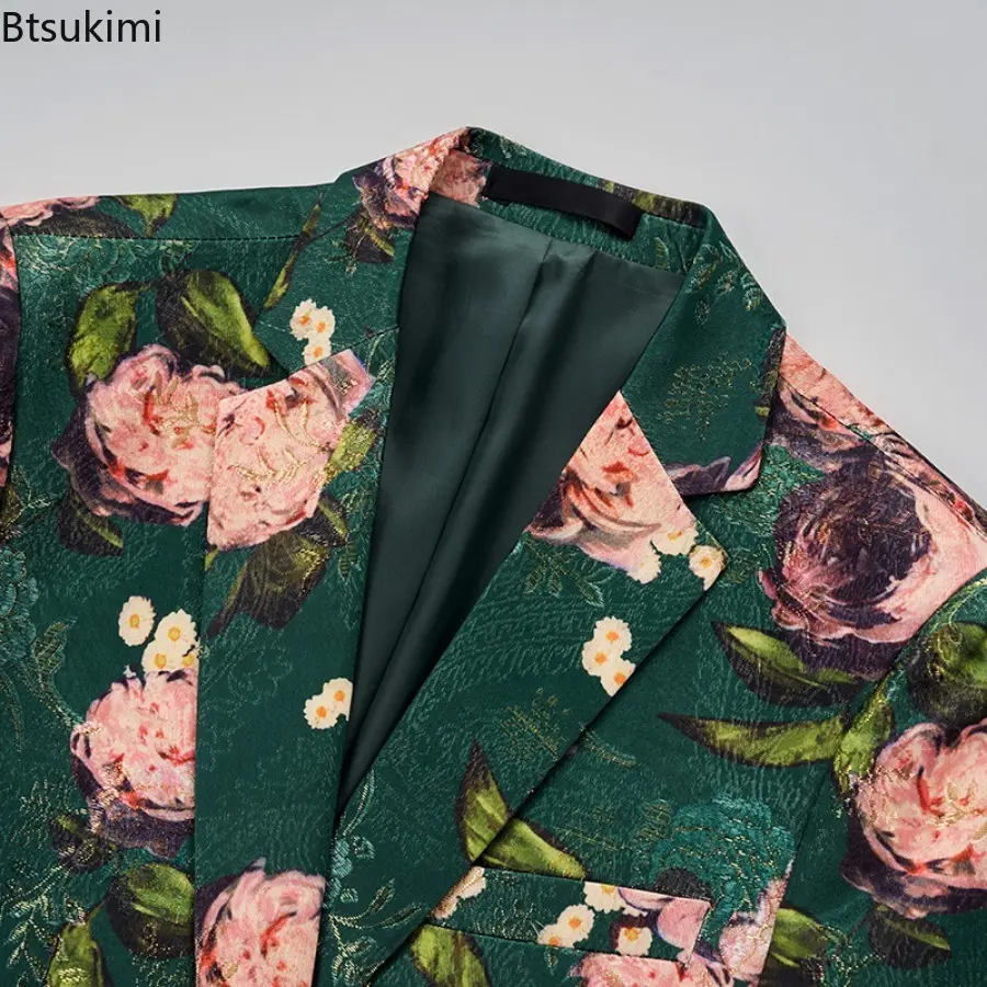 Oversized Single-breasted Printed Suit Jackets Men's Fashion Trim Dress Suit Coats Men Business Wedding Luxury Jacquard Blazers